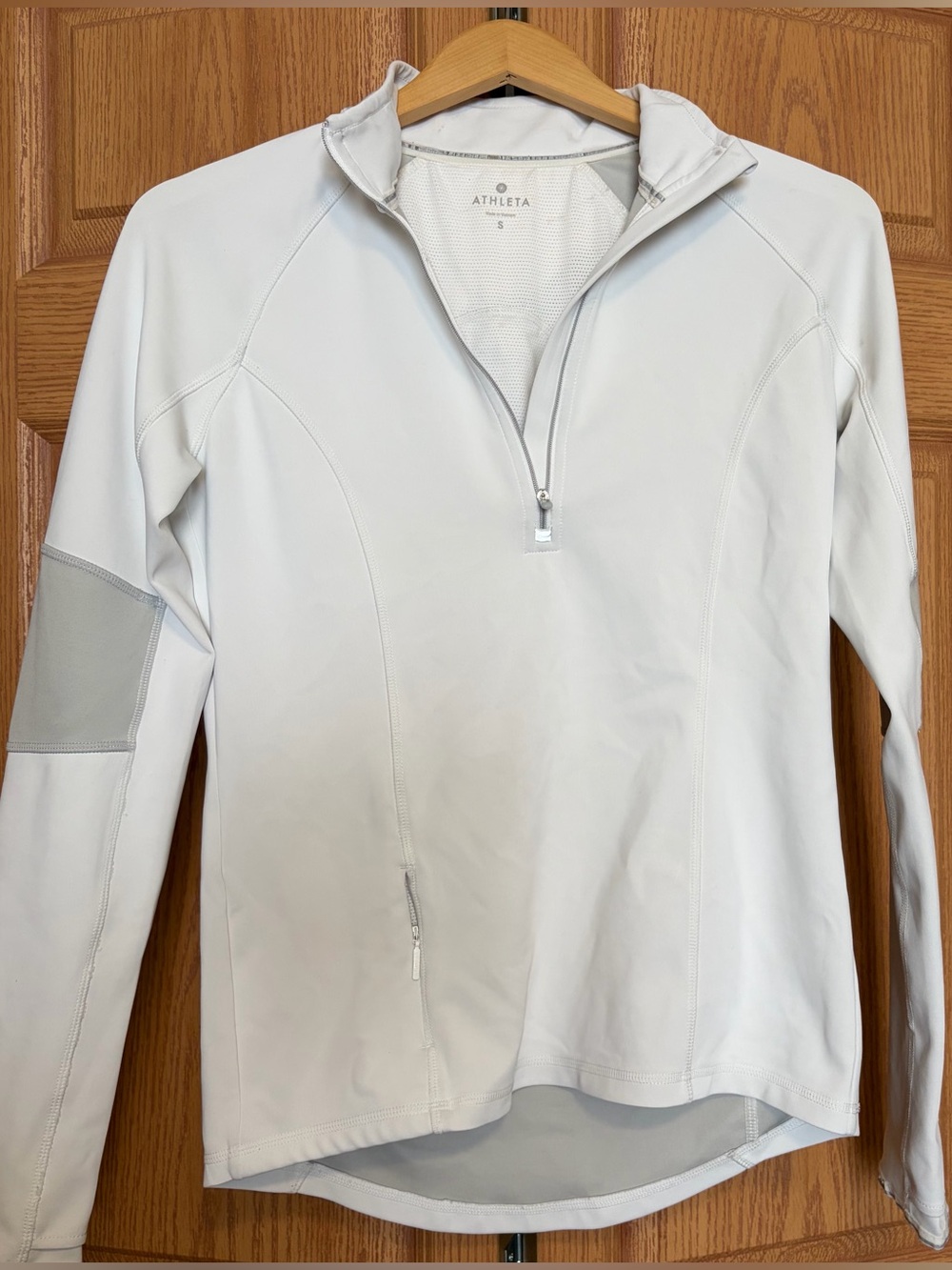 Athleta White and Light Gray Quarter-Zip Performance Pullover
